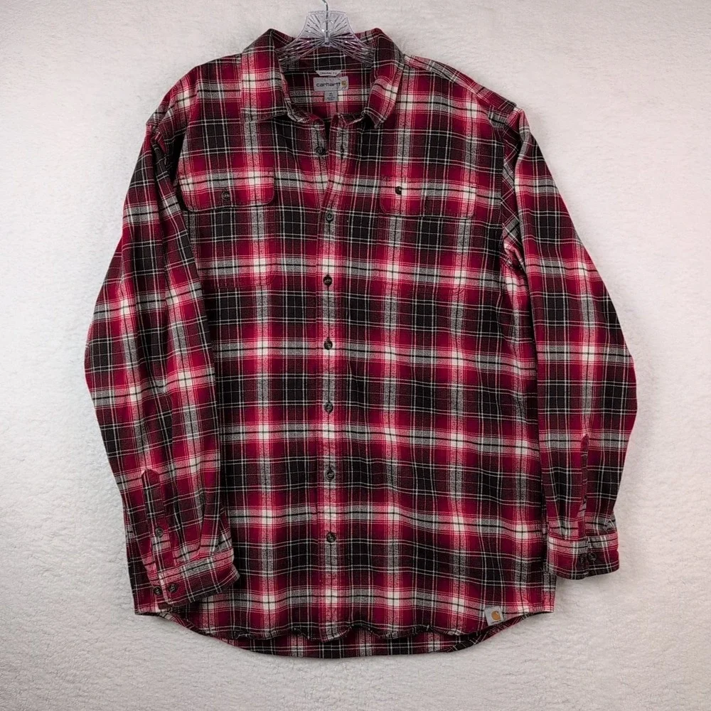 Carhartt‎ Hubbard Plaid Button Up Shirt Men's XL TALL Long Sleeve Red Brown